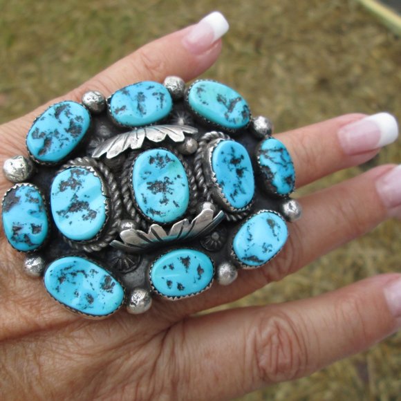 Early Old Navajo Sterling Silver & Genuine Sleeping Beauty TURQUOISE Ring - Picture 2 of 7